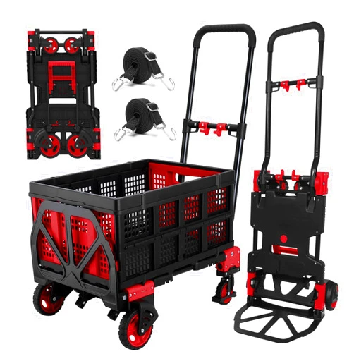 Oyoest 2 in 1 Hand Truck Dolly with Folding Basket,Folding Hand Truck Heavy Duty 330lbs Capacity,Foldable Hand Trcuk with Retractable Handle and Rubber Wheels,Portable Dolly with Bungee Cords for Moving