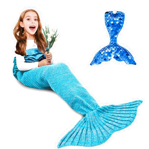 AmyHomie Mermaid Tail Blanket, Kids Mermaid Blanket Crochet Mermaid Sleeping Bag Mermaid Gift for Girls(Light Blue, Kids)
