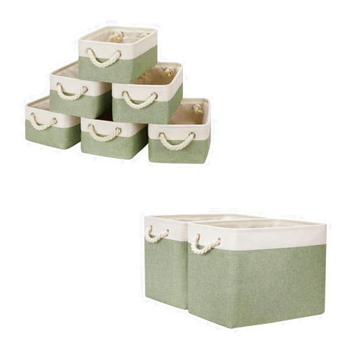 Temary Baskets 6 Pcs Fabric Storage Bins for Shelves Bundled with 2 Fabric Storage Basket for Organizing Nursery, Home (White&Green, 11.8Lx7.9Wx5.3H Inches, 16Lx12Wx12H Inches)