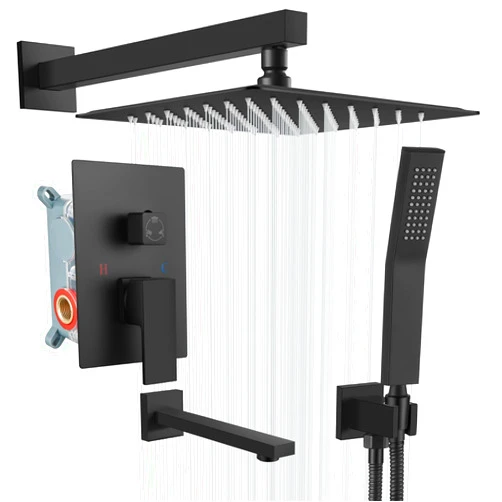 gotonovo Shower System Set with Tub Spout 3 Function Wall Mounted Shower Faucet Combo Rainfall Shower Head and Handheld Spray Rough-in Valve Shower Trim Kit 12 Inch Matte Black