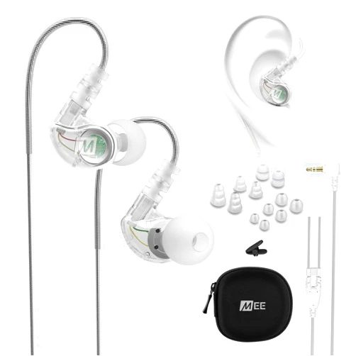 MEE audio M6 Sport Wired Earbuds, Noise Isolating In Ear Headphones, Sweatproof Earphones for Running/Gym/Workouts with Dynamic Enhanced Bass Sound, Memory Wire Earhooks, 3.5mm Jack Plug (Clear)