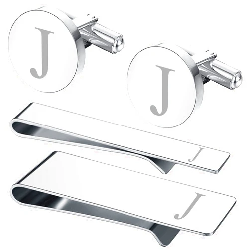 BodyJ4You 4PC Cufflinks, Tie Bar, Money Clip - Initial A-Z Engraving Alphabet Letter - Mirror Polished Steel Jewelry Set - Men's Cuff Links Shirt Suit - Fathers Day Wedding Groom Gift Box