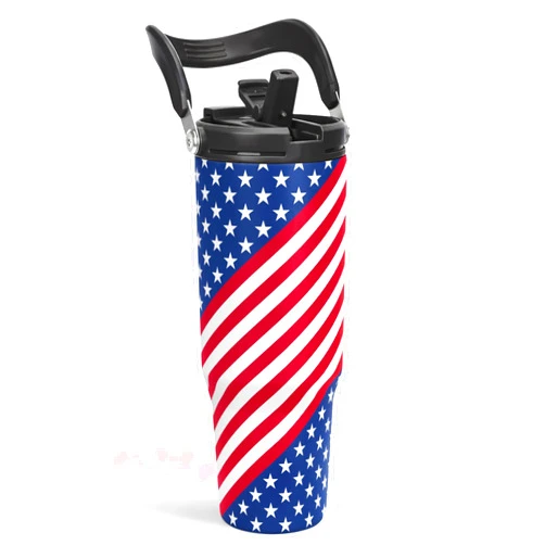 SANDJEST American Flag Tumbler with Handle 30oz, Stainless Steel Insulated Flip Straw Tumblers Coffee Travel Mug Cup, USA America Gifts for Women Men for Birthday Christmas