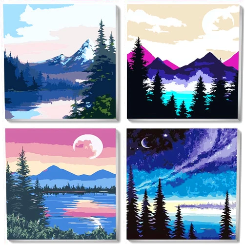 Generic Paint by Numbers Kits, Paint by Number for Adults Canvas with Frame, Easy DIY Acrylic Paint by Numbers, 4 Pack Moon Mountain Lake Landscape Oil Painting for Kids & Adults Beginners (8x8 Inch)