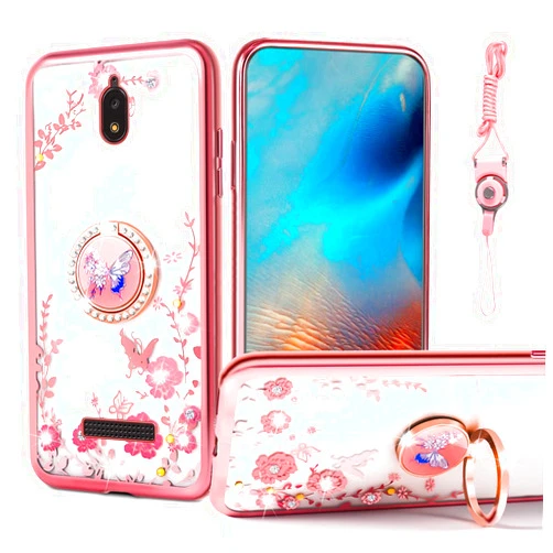 Nancheng for BLU View 2 Case (B130DL / B131DL) Girls Women Cute Floral Clear Flower Design Soft & Flexible TPU Thin Shockproof Protective Cover with Ring Kickstand Strap - Rose Butterfly