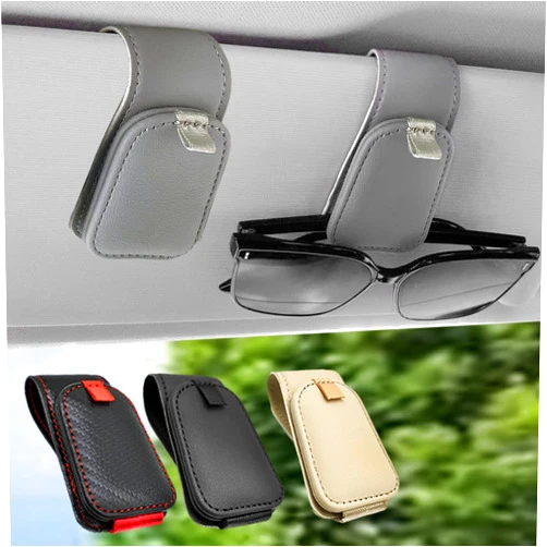 Teoenix Sunglass Holder for Car, 2 Pack Car Sunglass Holder Visor Clip Magnetic Leather Sun Glasses Eyeglass Hanger, Gray, Fit for Different Size Eyeglasses