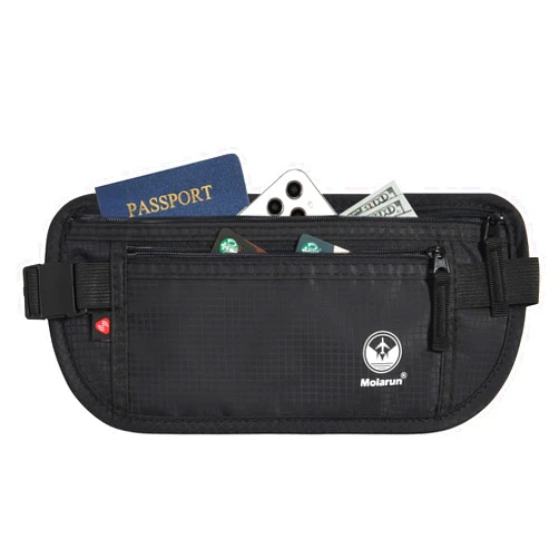 Molarun Travel Money Belt - Slim Passport Holder Secure Hidden Travel Pouch with RFID Blocking, Travel Wallet Fanny Pack Belt Bag - Black