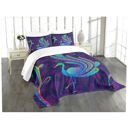 Ambesonne Ethnic Bedspread Set, Peacock Bird with Oriental Feather Before Image, 3 Piece Decorative Bedding Coverlet and 2 Pillow Shams, King Size, Purple Green and Blue