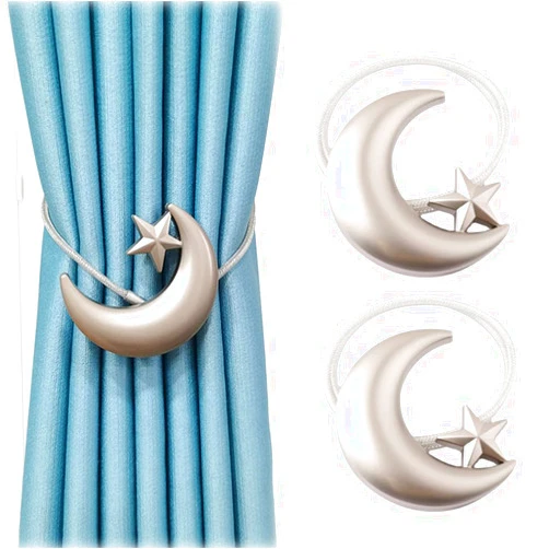 JINDIN Magnetic Curtain Tiebacks, Star Moon Curtain Tie Back 2 Pack, Moon Star Curtain Holdbacks, Magnetic Weave Rope Curtain Buckles Hooks Clip for Home Office Decorative Curtain (Silver)