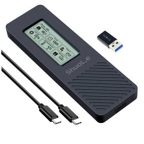 ShuoLe Aluminum M.2 SSD Enclosure Adapter with LCD Display Screen,USB 3.2 10Gbps USB C to NVMe PCIe SATA M-Key/(B+M) Key Solid State Drive External Case Support UASP Trim for NVME/SATA SSD Size 2280