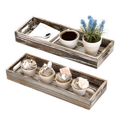 MyGift 16 x 6 Inch Rustic Torched Brown Wood Decorative Trays with Cutout Handles, Wooden Rectangular Table Centerpiece Ottoman Display Serving Platter, Set of 2