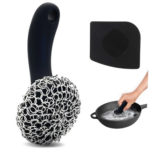 TMEDW Cast Iron Scrubber with Long Handle | 316 Cast Iron Cleaner Chainmail Scrubber for Cast Iron Pan Skillet Cleaner - Dish Scouring Pad Dishwasher Safe Cleaning Kit (Black, 1 Scrubber + 1 Scraper)