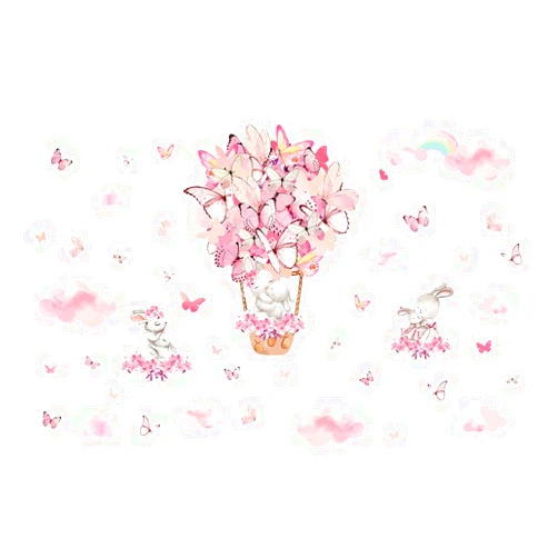SUPERDANT Pink Bunny Wall Stickers Butterflies Hot Air Balloon Decal Girls Bedroom Stickers Decor Nursery Playroom Vinyl Waterproof Wall Decoration for Girls Bedroom Classroom