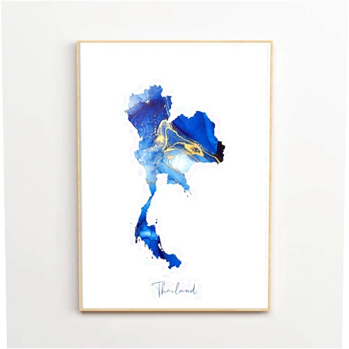 MG Global Modern Poster of thailand shades of blue and gold watercolour | 11x17 12x18 16x24 24x36 Hometown Unframed Print | Minimalism City Wall Art for Gift | Minimalsit Home Office Decor