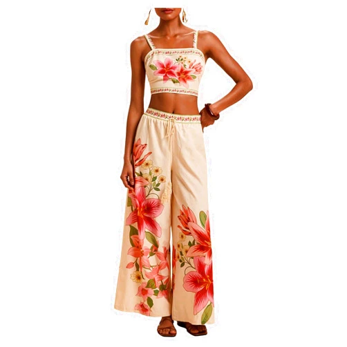 SweatyRocks Women's 2 Piece Sets Floral Print Tie Back Crop Top and Wide Leg Pants Boho Vacation Outfits