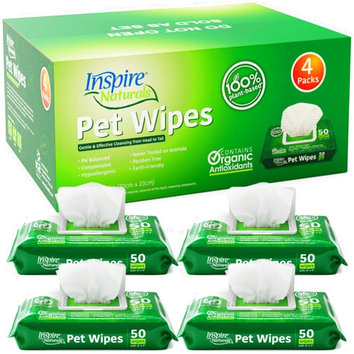 Inspire Naturals Pet Wipes for Dogs and Cats 100% Natural Plant Based with Organic Antioxidants, Dog Wipes Cleaning Deodorizing Cat Wipes | Puppy Wipes | Dog Wipes for Paws and Butt (200ct - 4 Pack)