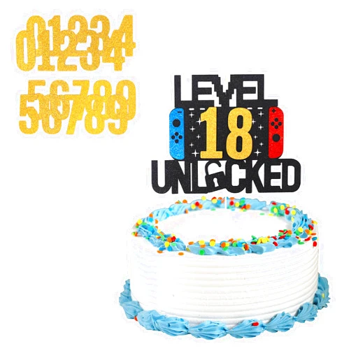Prasacco Gamer Cake Topper, Video Game Cake Topper, Level Unlocked Birthday Cake Topper, DIY Level Up Happy Birthday Cake Topper, Gamer Party Supplies for Kids Boys Girls Gamer (01-99 Years Old)