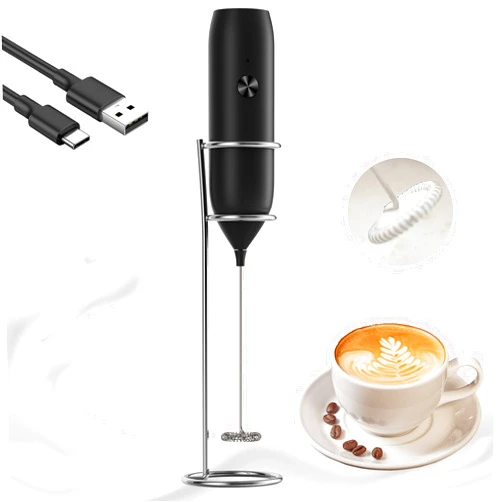GLZOOO Rechargeable Milk Frother Handheld USB Type-C, Powerful Electric Foam Maker with Stand, Mini Drink Mixer for Coffee Latte, Cappuccino, Mocha, Macchiato, Frappe and Protein Powder, Black with Spiral