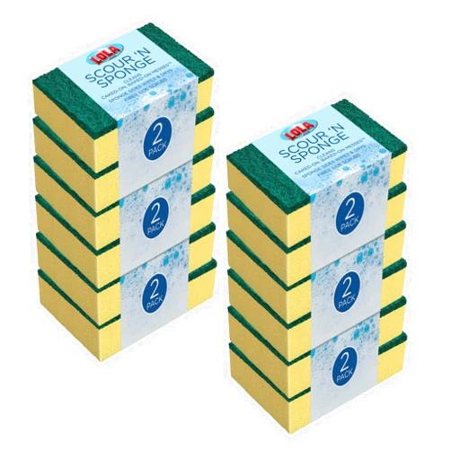 Lola Products Pot Brite Scour N' Sponge | Dual Purpose Non-Scratch Dish Scrub Sponges Cleaning Pads | Nylon & Polyester Non-Woven | Fiber Side Scrubs & Scours | Sponge Side Wipes & Dries - 12 Pack