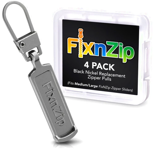 FixNZip Medium to Large Black Nickel Zipper Pull Replacements (4-Pack) | Universal Clip-On Pull Tabs for Zipper Repair, Sliders & Luggage, Jackets, Backpacks, Tents, Sleeping Bags & Outdoor Gear