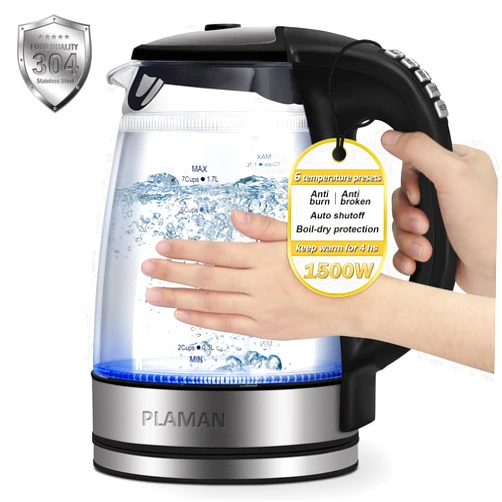 JANEHOME Plaman Electric Kettle Temperature Control - Keep Warm Hot Water Boiler, Double Wall Tea kettle for Boiling Water 6 Presets 1500W 4 Hours 1.7L LED Auto Shut Off Cordless