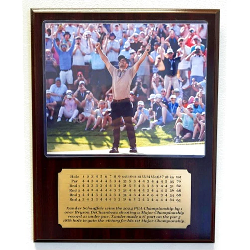 Generic Xander Schauffele 2024 PGA Championship 8x10 Photo Plaque with an Engraved 4 Round scorecard nameplate.