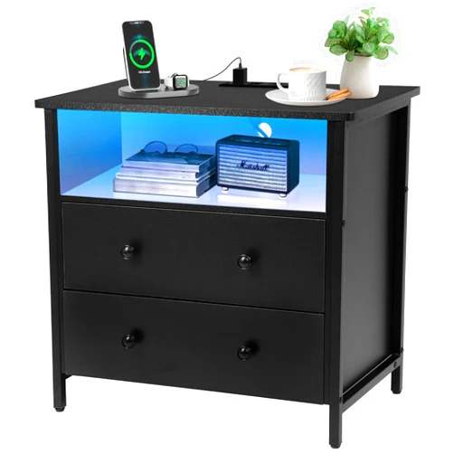 Tykacna 27 Inch Wide Night Stand, Wooden Night Stand with 2 Drawers, LED Nightstands with Charging Station and Adjustable Drawer for Living Room/Bedroom/Study/Office Nightstand, Black.