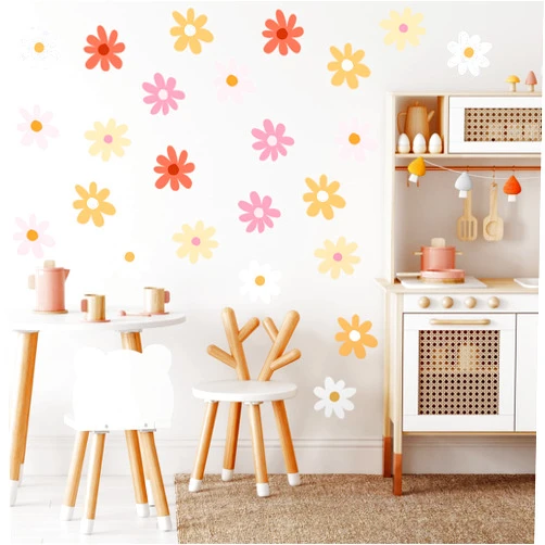 BBTO Daisy Wall Decal Flower Vinyl Wall Floral Decals Peel and Stick Daisy Stickers for Kids Nursery Art Bedroom Living Room(Pink, White, Orange)
