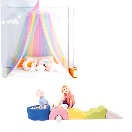 MOOZHEALTH Rainbow Bed Canopy for Girls with Star Moon Glitter + Foam Climbing Blocks with Ball Pit,6pcs