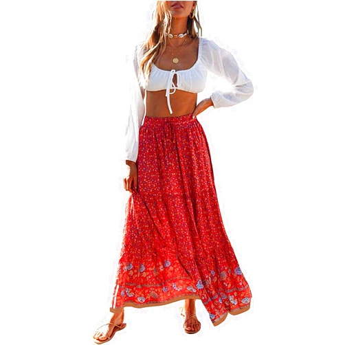 MEROKEETY Women's Boho Floral Print Elastic High Waist Pleated A Line Maxi Skirt