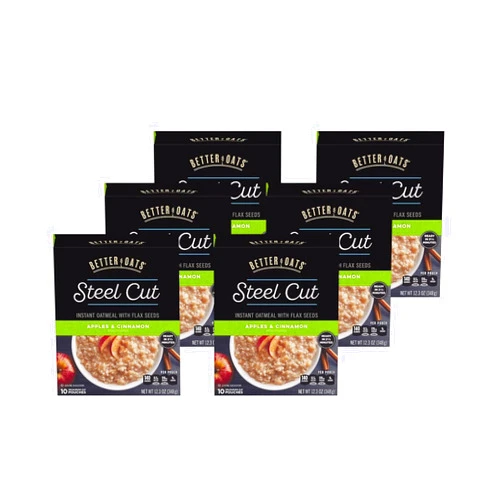 Better Oats Steel Cut Apples and Cinnamon Oatmeal Packets, Instant Steel Cut Oatmeal with Flax Seeds and Steel Cut Oats, Quick Oatmeal Pouches Ready in 2.5 Minutes, Box of 10 Pouches (Pack of 6)