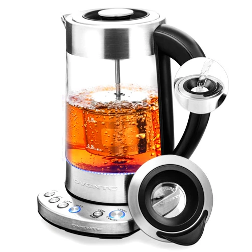 OVENTE Glass Electric Kettle Water Boiler 1.7 Liter ProntoFill Tech Portable Kettle w/ Set Temperature Control, 1500W Keep Warm BPA Free w/ Stainless Steel Base & Tea Maker Infuser - Silver KG733S