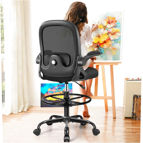 AtHope Drafting Chair, Tall Office Chair Ergonomic Standing Desk Chair,with Adjustable Footrest Ring, 3D Lumbar Support, Flip-up Armrests, Swivel Desk Stool for Drawing Working (Black)