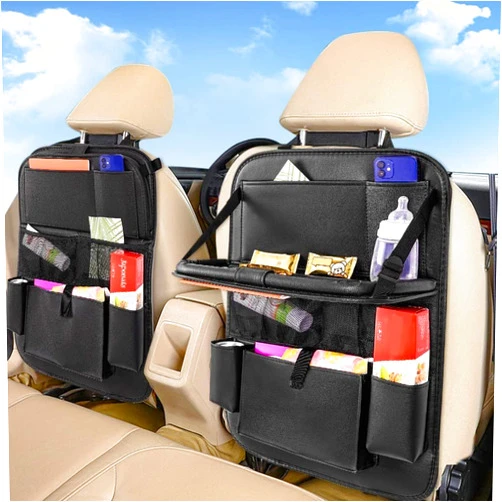 MONKONAR Car Backseat Organizer with Tablet Holder,9 Storage Pockets Car Storage Organizer with Foldable Food Tray,Car Seat Back Protectors Kick Mats Travel Accessories-1 PACK