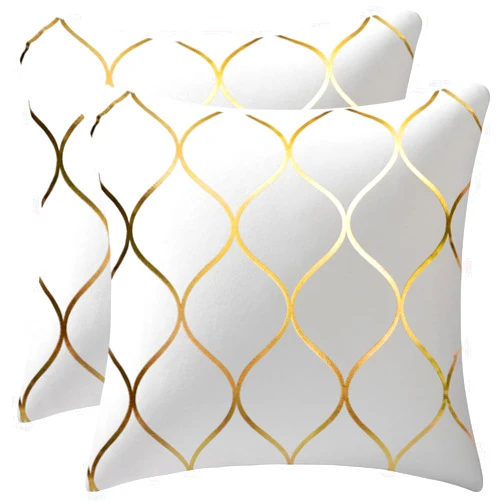 DEZENE Gold Velvet Throw Pillow Covers Off White: 2 Pack 18x18 Inch Square Decorative Pillow Cases for Bedroom Sofa Couch Living Room