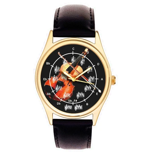 superbrass.com Beautiful Violin Art Circle of Fifths Music Notation Solid Brass Wrist Watch for Every Musician. Gold Finish.