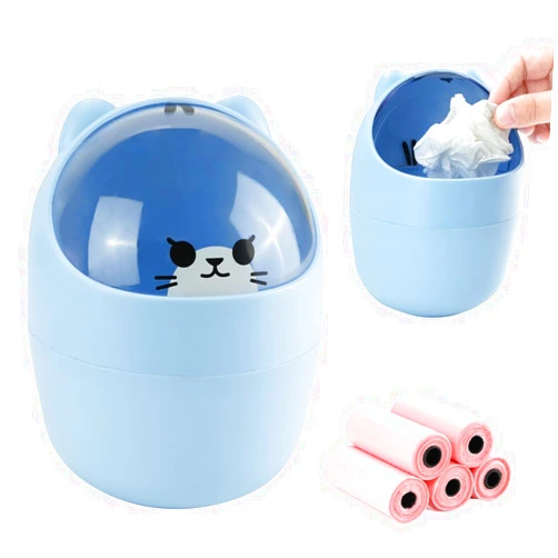 IBEQUEM Mini Trash Can, Cute Small Trash Can with Lid, Desktop Paper Bin with 5 Rolls of Bin Liners, Portable Tabletop Dustbin, Cartoon Animal Rubbish Storage for Kitchen(Blue)