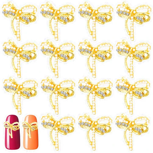 PAGOW 15pcs Bows Nail Art Decoration, 3D Bow Nail Rhinestones and Pearl Charm Gold Crystal Art Accessories for Women Girls DIY Long Nail Design （0.53in x 0.53in）
