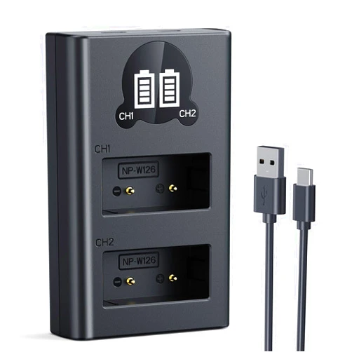 K&F CONCEPT NP-W126S Battery Charger USB Dual Slot for Fuji Fujifilm X-E5 X-M5 X-T50 XT50 X-T30 III II XT30 X-T20 X100VI X100V X100F X Half X-T3 X-T2 X-S10 X-E4 X-A7 X-T200 X-T100