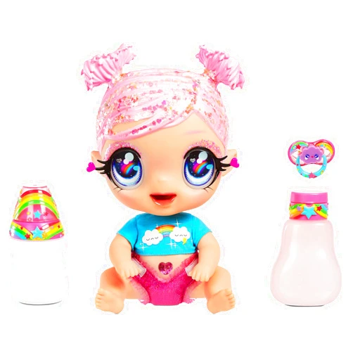 MGA Entertainment Glitter BABYZ DREAMIA Stardust Baby Doll with 3 Magical Color Changes, Pink Hair Rainbow Outfit, Diaper, Bottle, Pacifier Accessories- Ages 3 4 5+ Years Old, Multicolor, (574842EUC)