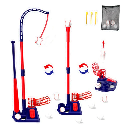Intoypad 3-in-1 T Ball Set for Kids 3-5 5-8 - Height Adjustable Tee Ball Stand, Hanging Tee, Pitching Machine, Tball Bat - 2.5-3.9ft Toddlers Tball Set with 6 Baseballs Sports Toys for Boys Blue