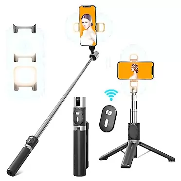 Avainaly Selfie Stick with Tripod, Selfie Stick with 2 Fill Light, 360 Rotation Phone Tripod Stand with Detachable Wireless Remote, Compatible with iPhone 13/12/11/XR/X/Pro Max, Samsung and Smartphone