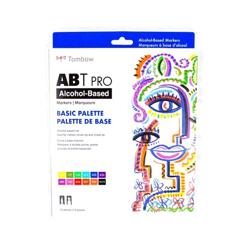 Tombow 56961 ABT PRO Alcohol Markers, Basic Palette, Set of 12 Colors - Dual Tip, Permanent Art Markers Feature Chisel and Brush Tips Perfect for Coloring, Sketching, and Illustration