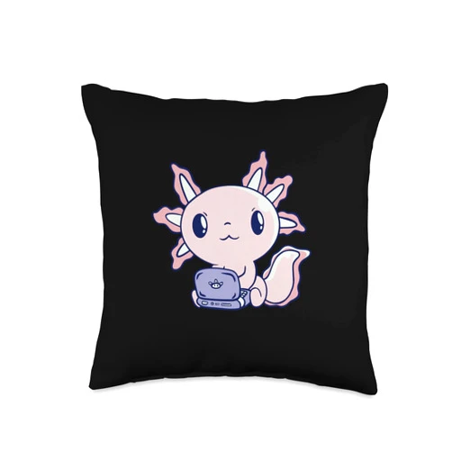 Axolotls Gamer, Kawaii Geschenke, lustige Sprüche Axolotl with Computer for Amphibians and Gamer Friends Throw Pillow, 16x16, Multicolor