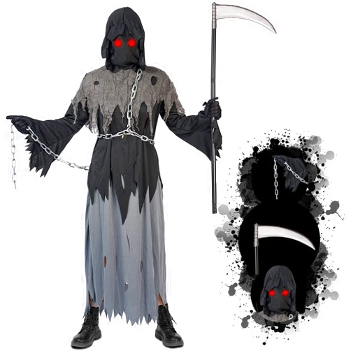 Lomesion Grim Reaper Halloween Costume with Glowing Red Eyes for Kids, Scythe Included(Gray,Medium)