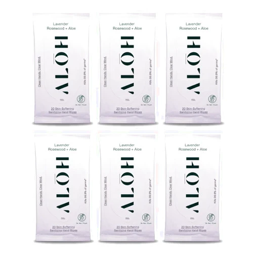 ALO ALŌH Lavender Rosewood + Aloe Sanitizing Hand Wipes - Clean Hands, Clear Mind - On The Go Hand Sanitizer Wipes for Kids and Adults - Travel Size 6 Pack, 20ct Wipes (120 wipes)