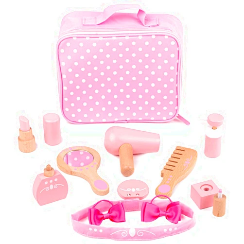 Bigjigs Toys Wooden Kids Vanity Case - 11pc Vanity Kit & Accessories with Pink Polka Dot Carry Bag, Ideal Pretend Play Toy & Gift for Girls