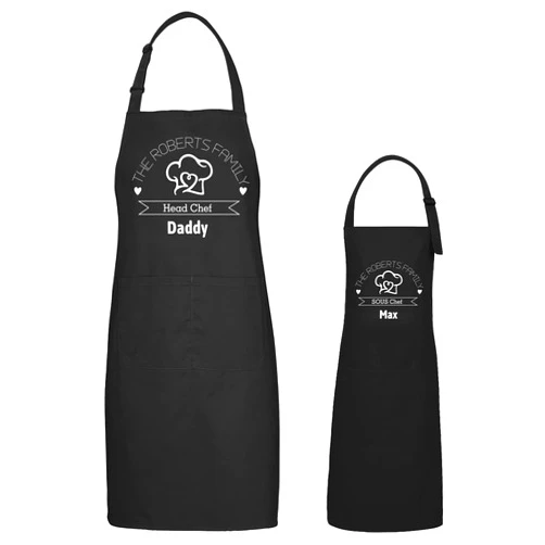 Atdesk Personalised Parent and Child Apron Set, Head Chef Sous Chef Matching Apron, Custom Adult and Child Aprons for Cooking Baking Painting(Black)