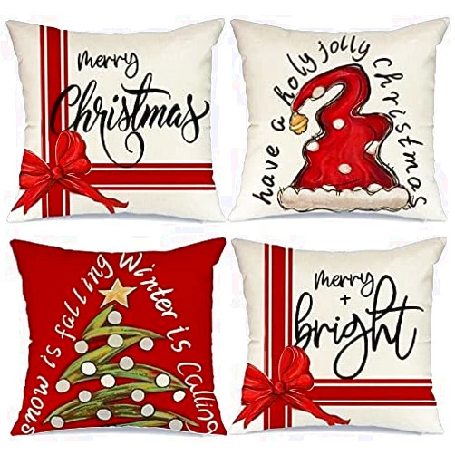 AENEY Christmas Pillow Covers 18x18 Set of 4 for Christmas Decorations Merry Bright Wave Point Christmas Tree Santa Hat Christmas Pillows Throw Pillows Christmas Farmhouse Decor for Couch A416-18
