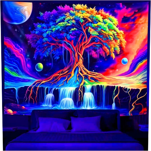 Simpkeely Tree of Life Blacklight Tapestry UV Reactive Colorful Waterfall Tapestry Galaxy Space Planet Cloud Vintage Wall Tapestries Hanging for Bedroom - 59.1